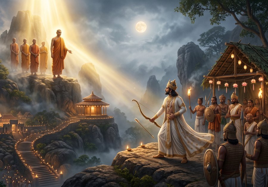 Illustration of Arahat Mahinda meeting King Devanampiyatissa on the hill of Mihintale by moonlight