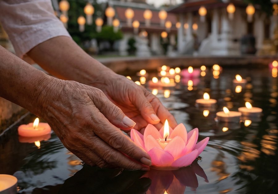 Hands setting a lit pink lotus candle on the water, with glowing lanterns and a temple behind